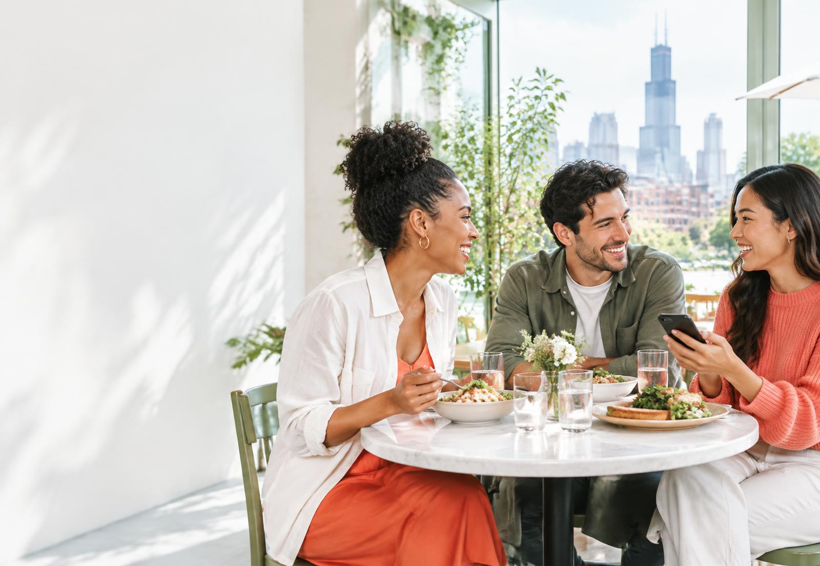 Friends sharing lunch and settling up with SimplePay
